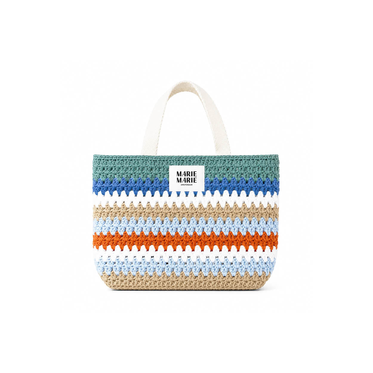 Mollie Crochet Mini Shopper — handgemaakt gehaakt mini tote in kleurrijke Mollie-strepen met canvas hengsels | MARIE MARIE Amsterdam