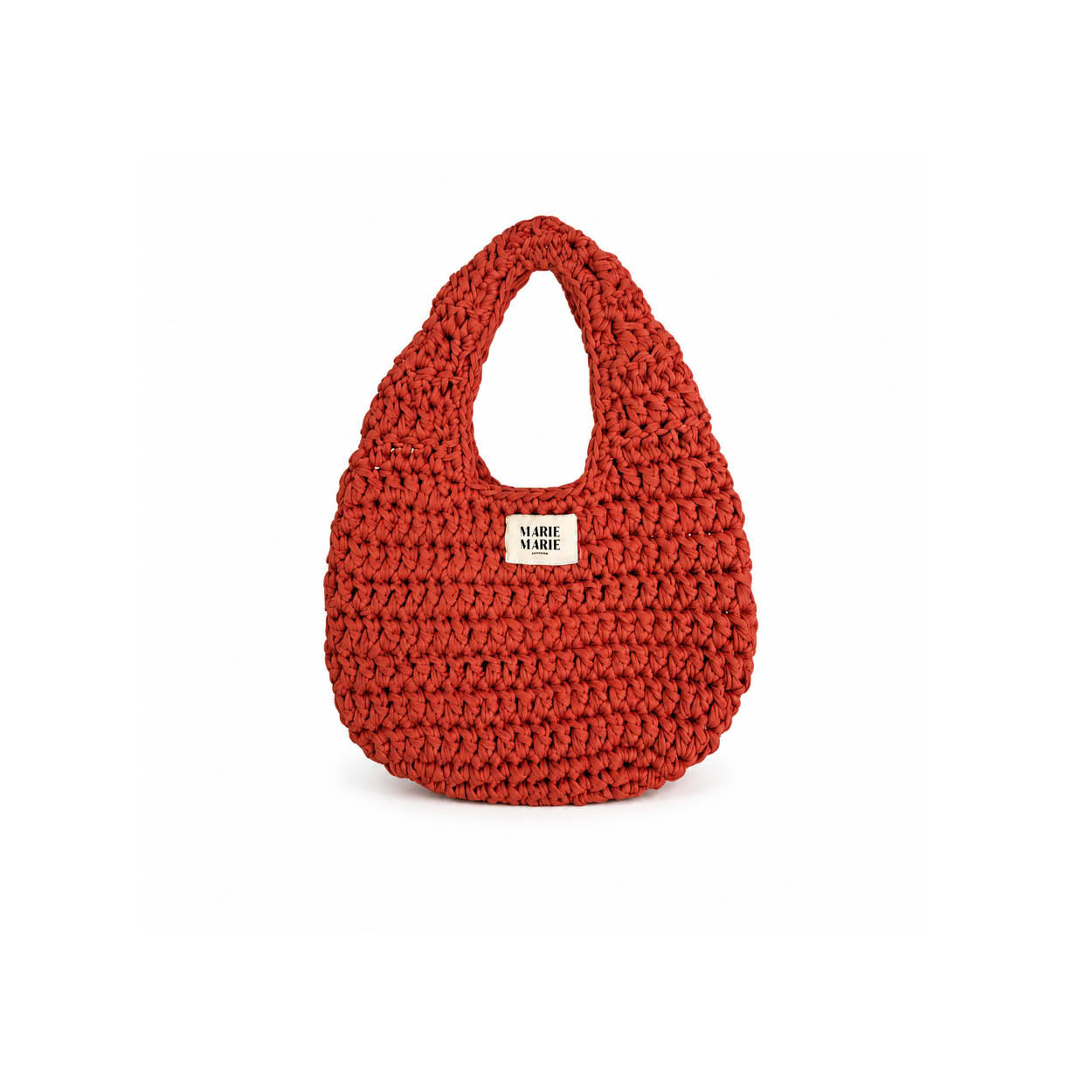 Terra Crochet Egg Bag — handgemaakt chunky haakwerk in warme terracottarode kleur van gerecycled T-shirt garen | MARIE MARIE Amsterdam