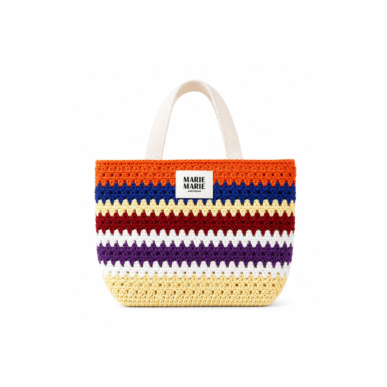 Mayo Crochet Mini Shopper — handgemaakt gehaakt mini tote in vrolijke Mayo-kleuren met canvas hengsels | MARIE MARIE Amsterdam