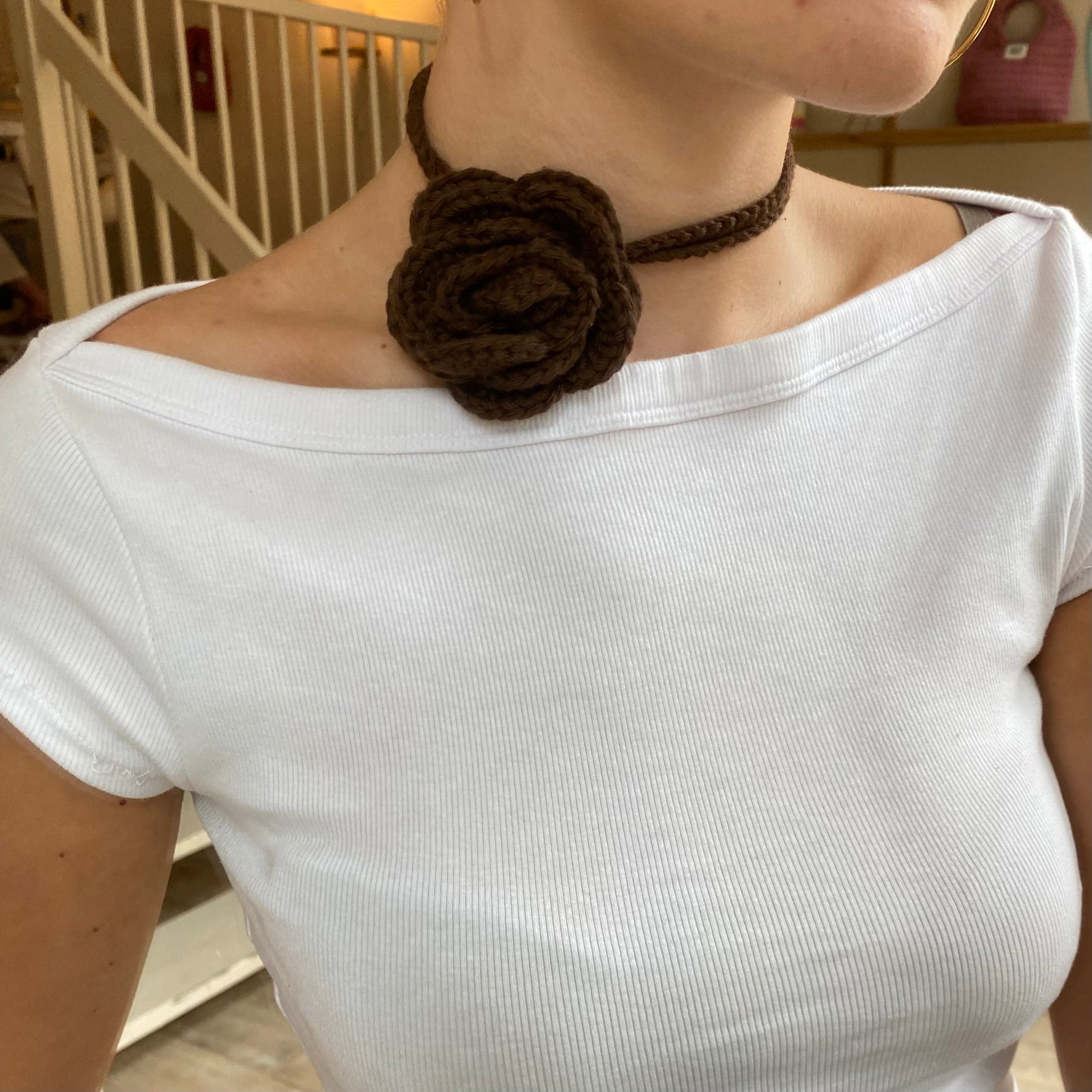 Crochet rose corsage brown