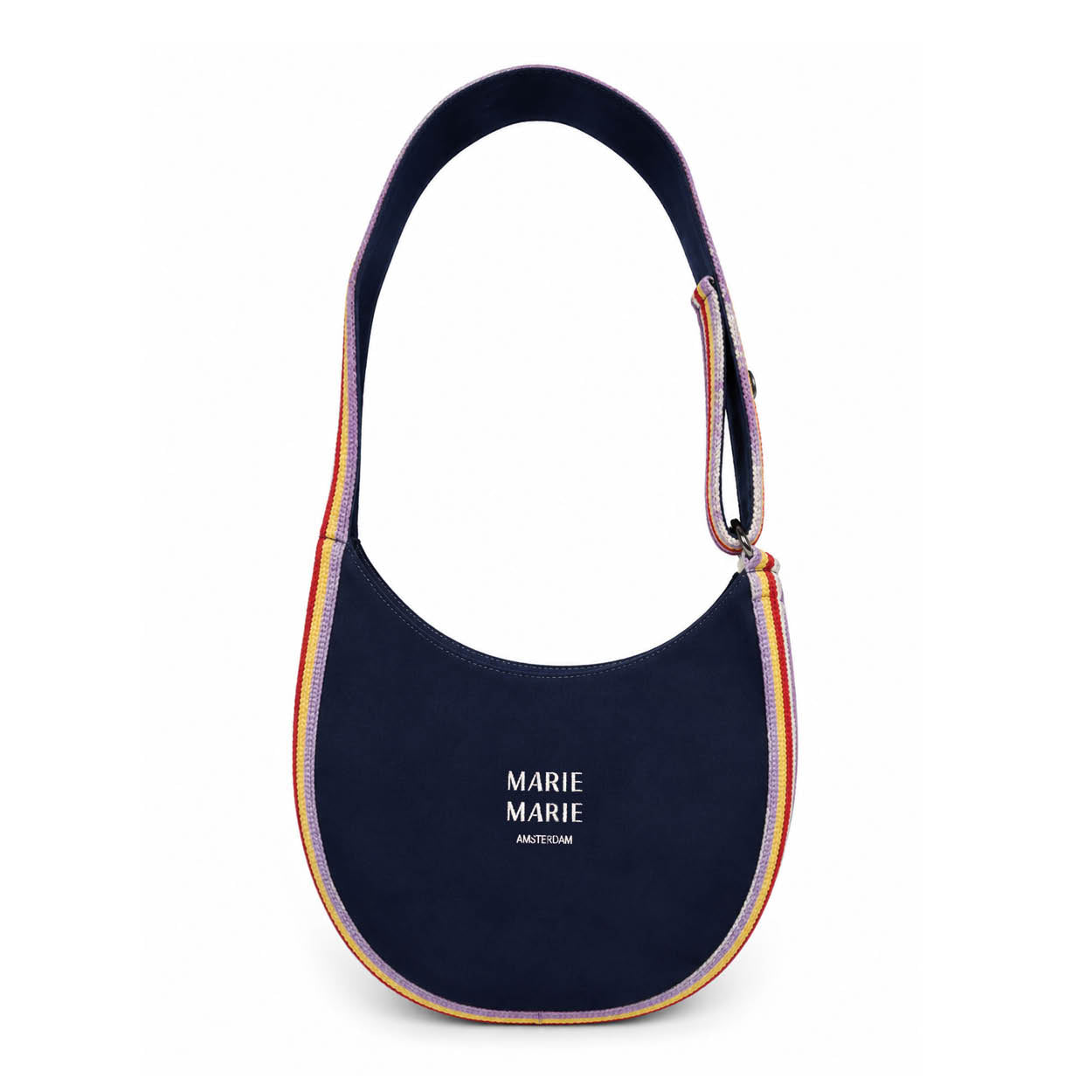 Navy Crossbody Bag — halvemaan canvas schoudertas met handgemaakte veelkleurige haakrand in marineblauw | MARIE MARIE Amsterdam