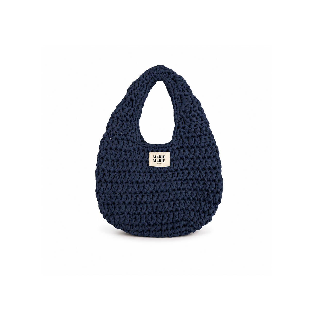 Navy Blue Crochet Egg Bag — handgemaakt chunky haakwerk in diep marineblauw van gerecycled T-shirt garen | MARIE MARIE Amsterdam