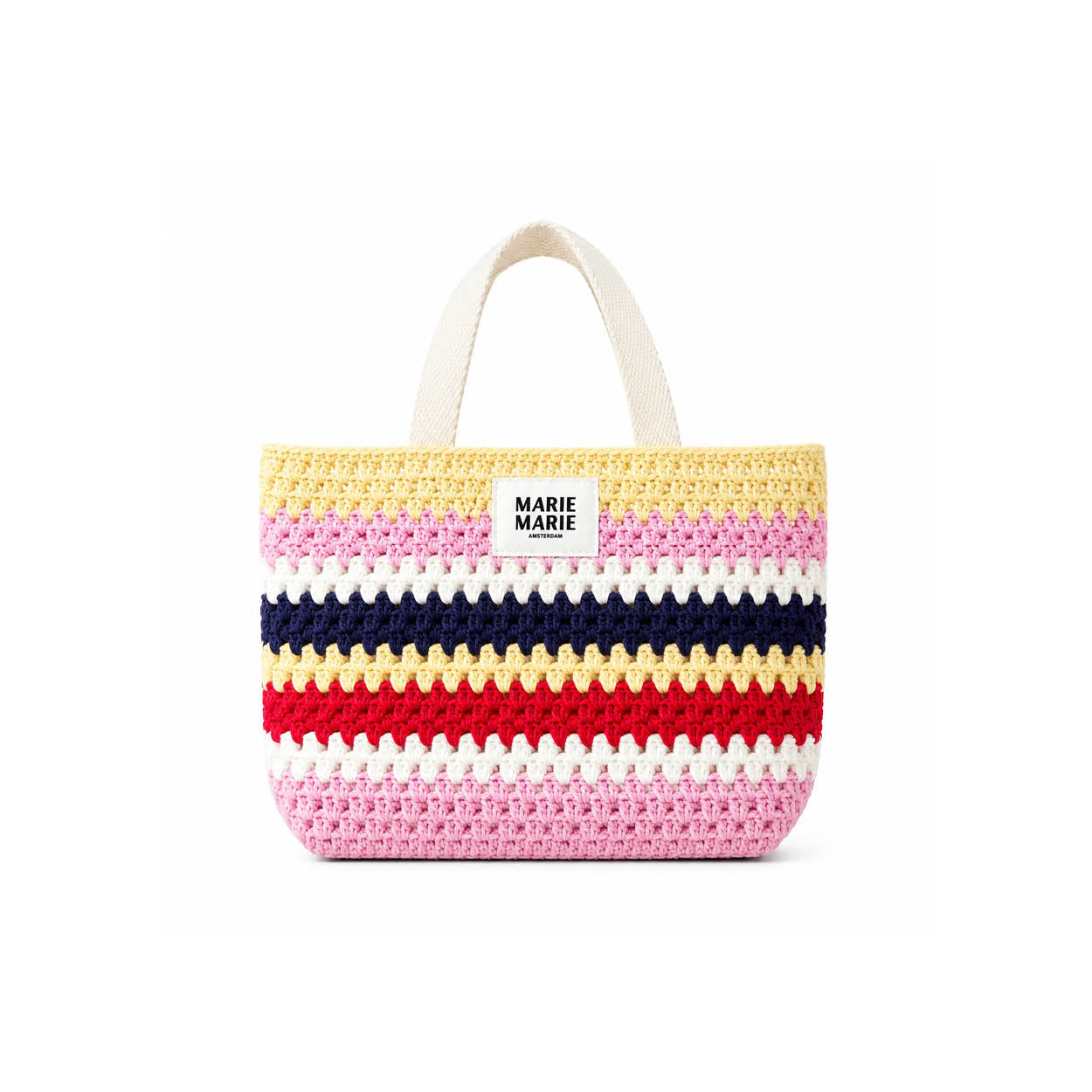 Miep Crochet Mini Shopper — handgemaakt gehaakt mini tote in warme Miep-kleuren met canvas hengsels | MARIE MARIE Amsterdam