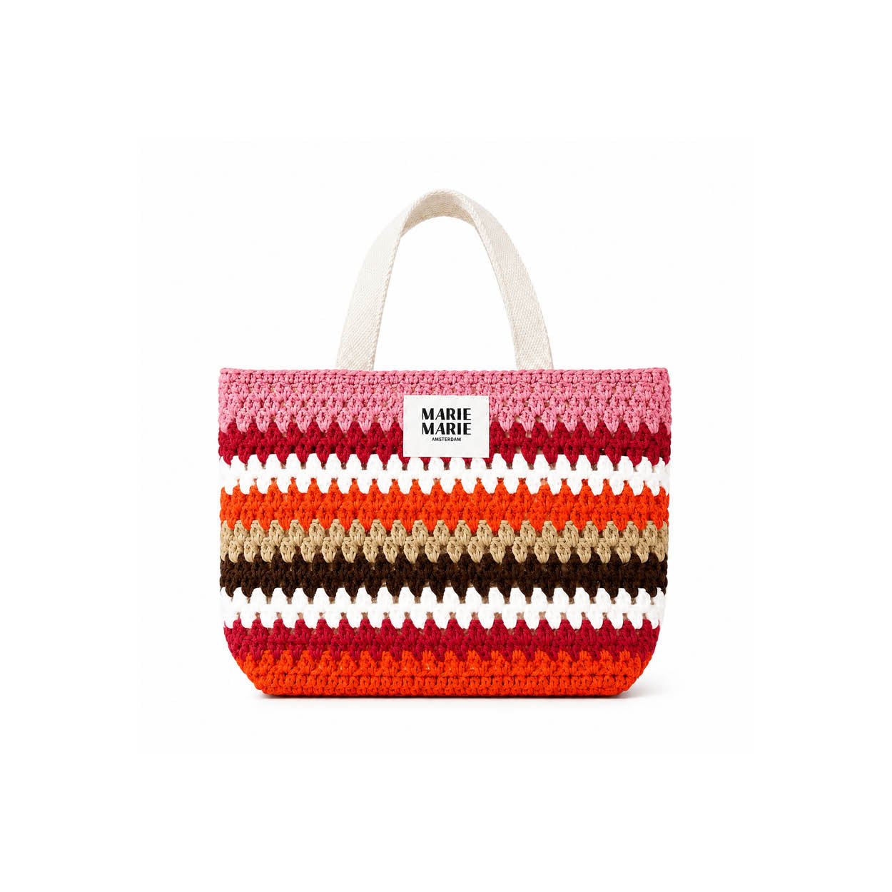 Mikki Crochet Mini Shopper — handgemaakt gehaakte mini tote in warme aardse strepen van roze, bordeaux en oranje | MARIE MARIE Amsterdam